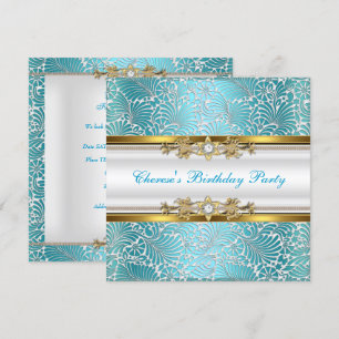 Invitation Fête d'anniversaire Damas sarcelle bleu or blanc d