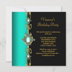 Invitation Fête d'anniversaire Damas sarcelle vert bleu or no