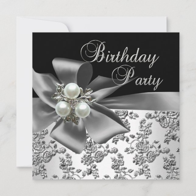 Invitation Fête d'anniversaire Damask Pearl Argent Blanc Noir (Devant)