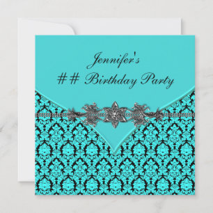 Invitation Fête d'anniversaire damassé bleu sarcelle noir