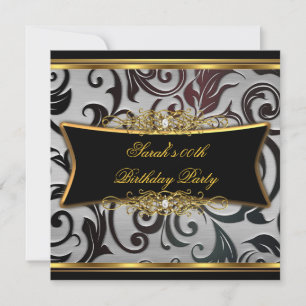 Invitation Fête d'anniversaire damassé floral noir or blanc