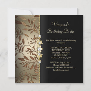 Invitation Fête d'anniversaire damassé Or Noir Floral Marron