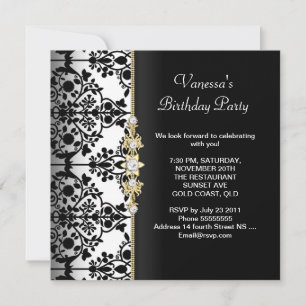 Invitation Fête d'anniversaire damassée Or Noir Blanc Floral
