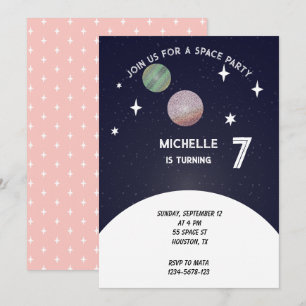 Invitation Fête d'anniversaire dans l'espace en rose