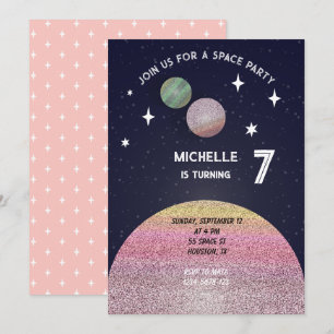 Invitation Fête d'anniversaire dans l'espace en rose