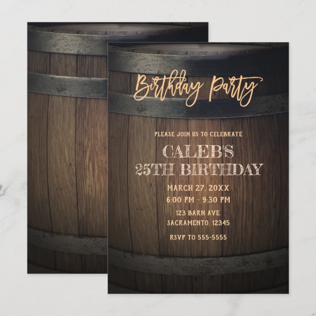 Invitation Fête d'anniversaire dans un tonneau en bois rustiq (Devant / Derrière)