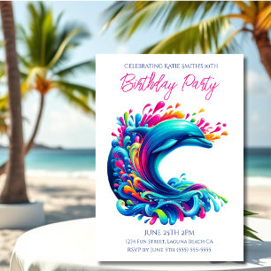 Invitation Fête d'anniversaire - Dauphin coloré éclaboussure