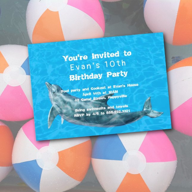 Invitation Fête d'anniversaire dauphin Enfants Piscine Été (Créateur téléchargé)
