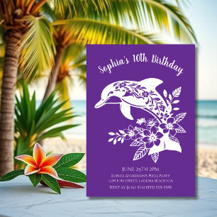 Invitation Fête d'anniversaire - Dauphin Hawaïen Fleurs Tropi