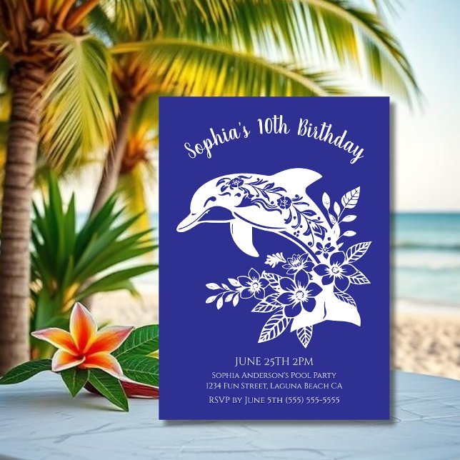 Invitation Fête d'anniversaire - Dauphin tropical fleurs hawa (Hawaiian Dolphin, Flippin Fabulous, Islander Summer, Beach, Fisherman Trend, wine tumbler,blue)