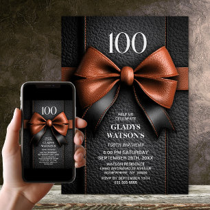 Invitation Fête d'anniversaire de 100 ans au nœud en cuir tan