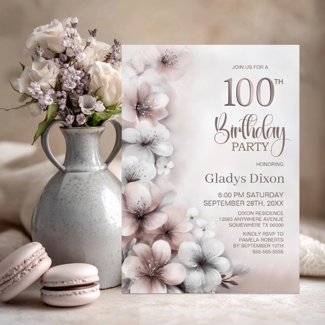 Invitation Fête d'anniversaire de 100 ans aux fleurs rose pas (Créateur téléchargé)