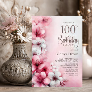Invitation Fête d'anniversaire de 100 ans aux fleurs roses et