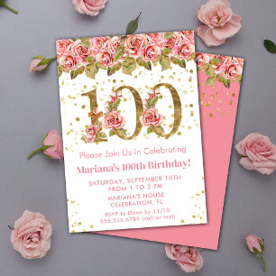 Invitation Fête d'anniversaire de 100 ans aux fleurs roses et