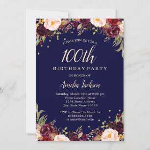 Invitation Fête d'anniversaire de 100 ans Burgundy Navy Éléga