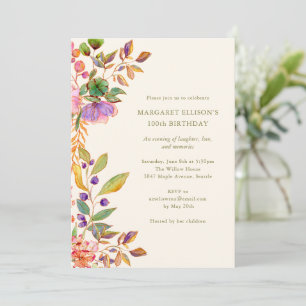 Invitation Fête d'anniversaire de 100 ans Élégante Florale Aq