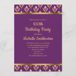 Invitation Fête d'anniversaire de 100 ans élégante violette f