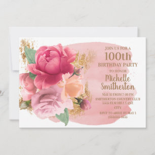 Invitation Fête d'anniversaire de 100 ans Fleurs roses Paille
