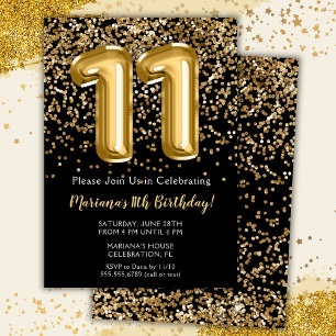 Invitation Fête d'anniversaire de 11 ans pour fille Black Gol