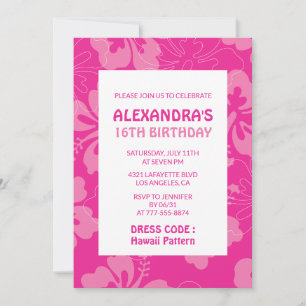 Invitation Fête d'anniversaire de 16 ans thème hawaïen rose