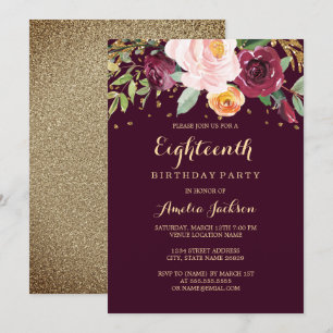 Invitation Fête d'anniversaire de 18 ans Burgundy Gold Floral