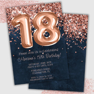 Invitation Fête d'anniversaire de 18 ans Rose Gold Navy Blue