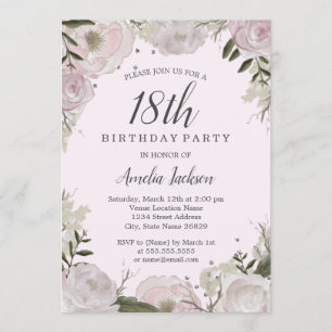 Invitation Fête d'anniversaire de 18 ans Sparkle Rose Floral