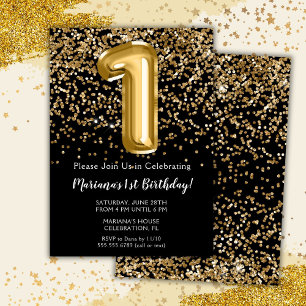 Invitation Fête d'anniversaire de 1 an Black Gold Kids Girl