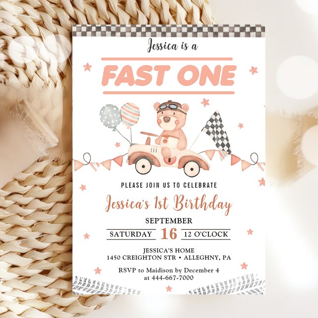 Invitation Fête d'anniversaire de 1 an de Fast One Voiture de (Créateur téléchargé)