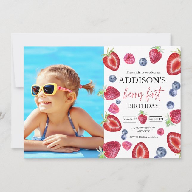 Invitation Fête d'anniversaire de 1 an de fraise Photo de pre (Devant)
