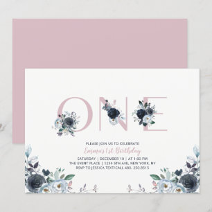 Invitation Fête d'anniversaire de 1 an fille Navy & Rose Bohè