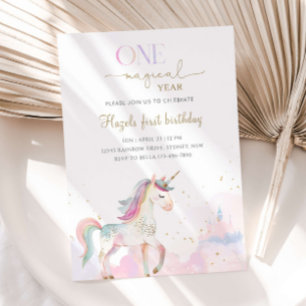Invitation Fête d'anniversaire de 1 an Licorne pastel Une ann