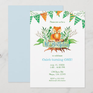 Invitation Fête d'anniversaire de 1 an Little Fox Forest aqua