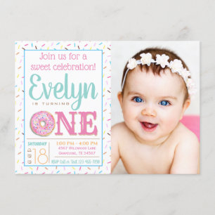 Invitation Fête d'anniversaire de 1 an photo Donut Fille
