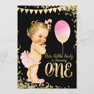 Invitation Fête d'anniversaire de 1 an pour filles avec paill