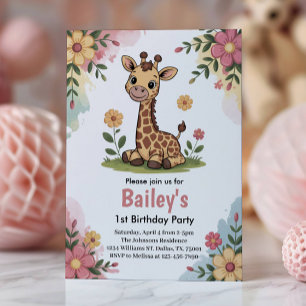 Invitation Fête d'anniversaire de 1 an sur le thème girafe fl