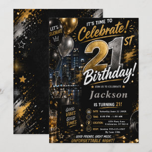 Invitation Fête d'anniversaire de 21 ans Black Gold