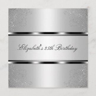 Invitation Fête d'anniversaire de 25 ans Light Silver Floral