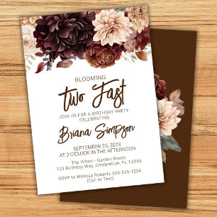 Invitation Fête d'anniversaire de 2 ans Fleurs Brun Beige Flo