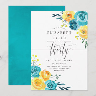 Invitation Fête d'anniversaire de 30 ans aux fleurs turquoise