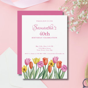 Invitation Fête d'anniversaire de 40 ans aux tulipes aquarell