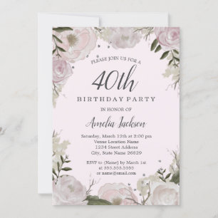 Invitation Fête d'anniversaire de 40 ans Sparkle Rose Floral