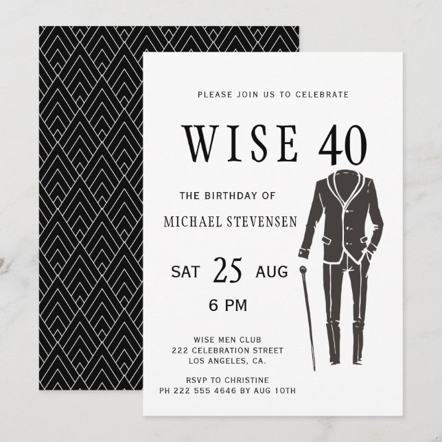 Invitation fête d'anniversaire de 40 hommes en noir et blanc (Devant / Derrière)