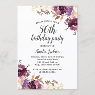 Invitation Fête d'anniversaire de 50 ans aux fleurs aquarelle