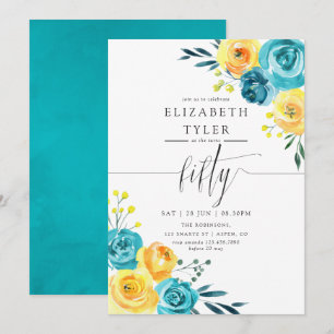 Invitation Fête d'anniversaire de 50 ans aux fleurs turquoise