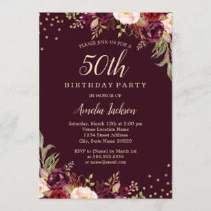 Invitation Fête d'anniversaire de 50 ans Burgundy floral Gold