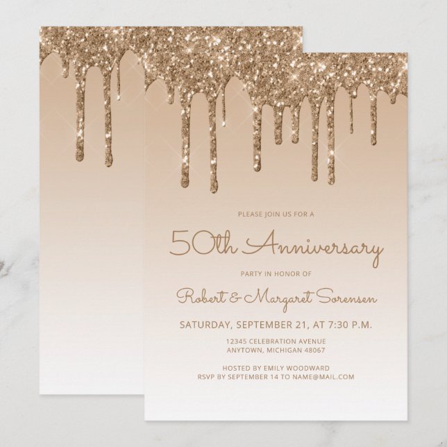 Invitation Fête d'anniversaire de 50 ans Chic Glitter Drip Or (Devant / Derrière)