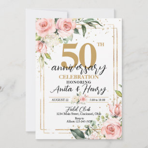Invitation Fête d'anniversaire de 50 ans Élégantes Roses Rose