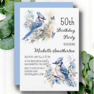 Invitation Fête d'anniversaire de 50 ans Geai bleu Fleurs Pri