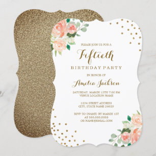 Invitation Fête d'anniversaire de 50 ans Peach Gold Floral Co